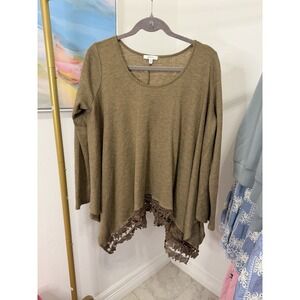 Jodie Women's Brown Ladies Sweater Lace Trim Oversized  Medium
